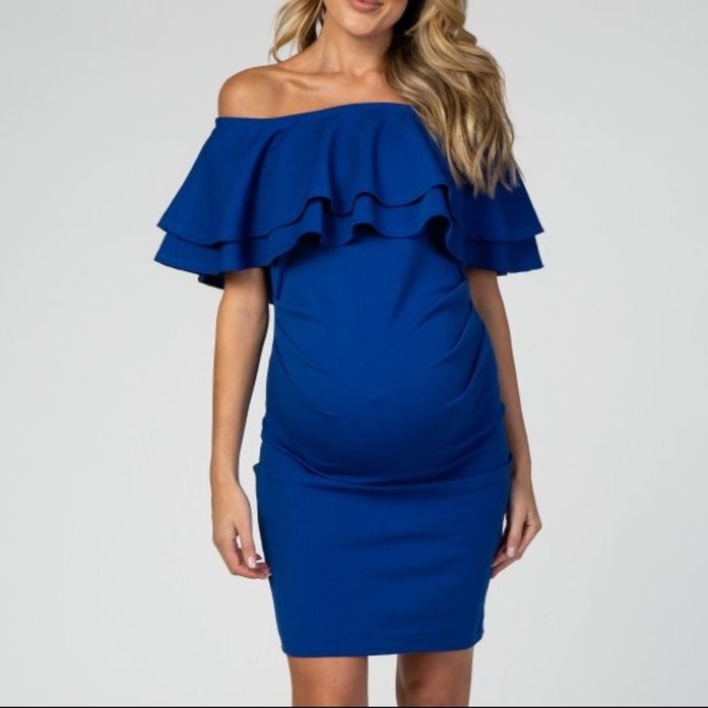 PinkBlush Maternity Royal Blue Off Shoulder Ruched Maternity Dress NWOT